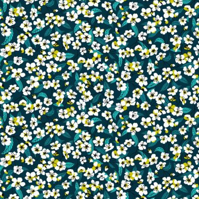 Tissu Coton imprimé Miyu sur fond Bleu pétrole - Par 10 cm
