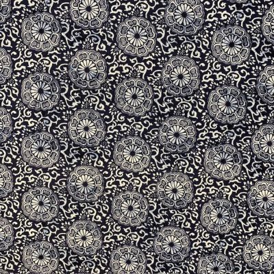Tissu Coton imprimé Paranga fleuris sur fond Bleu denim - Par 10 cm