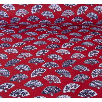 Tissu Coton imprimé Eventails Pekin sur fond Rouge - Par 10 cm