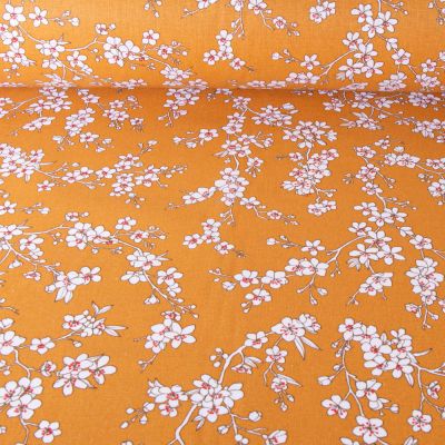 Tissu Coton imprimé Fleur d&#039;amandier sur fond Jaune - Par 10 cm