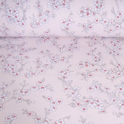 Tissu Coton imprimé Fleur d&#039;amandier sur fond Ecru - Par 10 cm