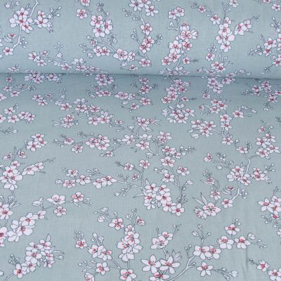 Tissu Coton imprimé Fleur d&#039;amandier sur fond Vert menthe - Par 10 cm