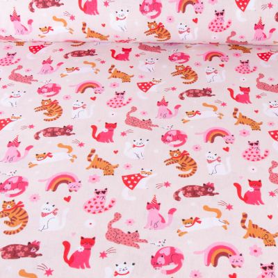 Tissu Coton imprimé chatons roses sur fond Rose clair - Par 10 cm