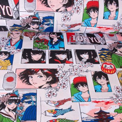 Tissu Coton imprimé Sasuke multico sur fond Ecru - Par 10 cm