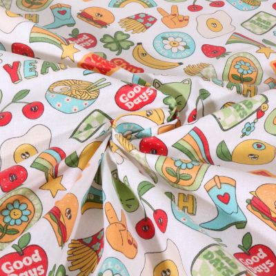 Tissu Coton enduit Magnets nourriture sur fond Blanc - Par 10 cm