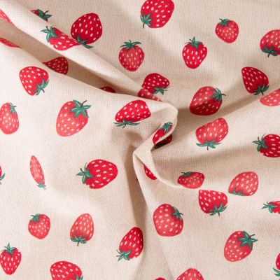Tissu Toile de Coton aspect lin Fraises rouges sur fond Beige - Par 10 cm