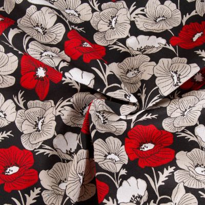 Tissu Toile de Coton aspect lin Fleurs pavot sur fond Noir - Par 10 cm