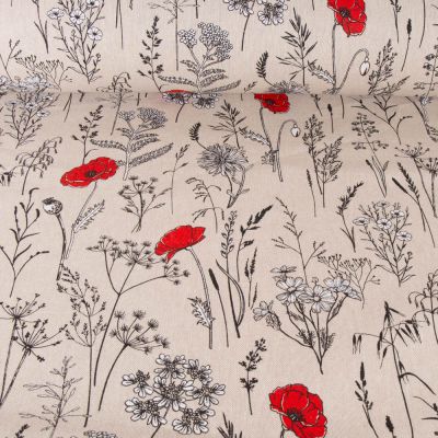 Tissu Toile de Coton aspect lin Plantes et fleurs coquelicot sur fond Beige - Par 10 cm