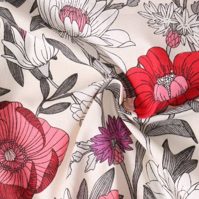Tissu Coton  Cretonne Ysoline fleurs Rouges sur fond Ivoire - Par 10 cm