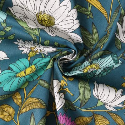 Tissu Coton  Cretonne Ysoline fleurs Blanches sur fond Bleu - Par 10 cm