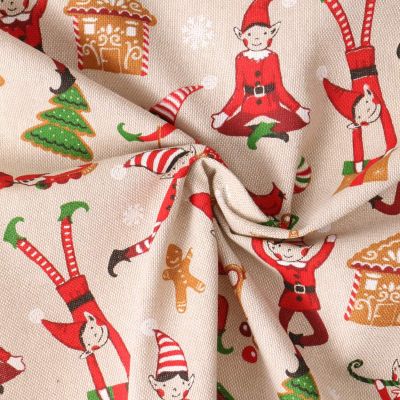 Tissu Toile Polycoton Lutinou esprit de Noël sur fond Beige - Par 10 cm