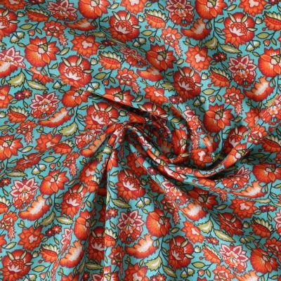 Tissu Coton Cretonne Mirelda fleurs vintage Oranges sur fond Bleu turquoise - Par 10 cm
