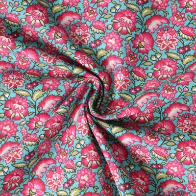 Tissu Coton Cretonne Mirelda fleurs vintage Roses sur fond Bleu - Par 10 cm