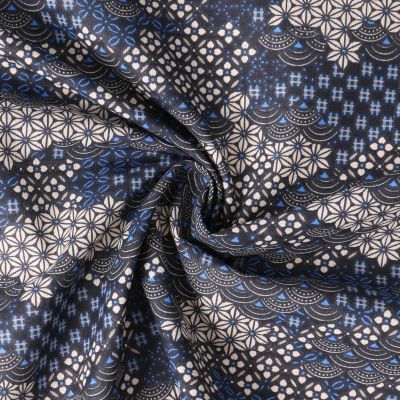 Tissu Coton Cretonne Shogun motifs traditionnels japonais sur fond Noir - Par 10 cm