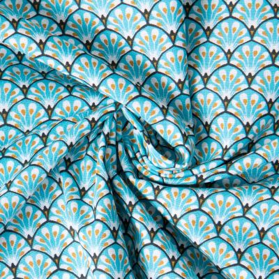 Tissu Coton imprimé Arty éventails Gaudi sur fond Bleu turquoise - Par 10 cm