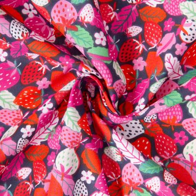 Tissu Coton imprimé Arty Rose fraises multicolores sur fond Gris anthracite - Par 10 cm