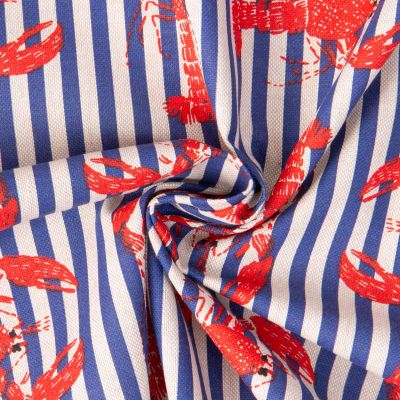 Tissu Toile Polycoton Liam homards rayures Bleu sur fond Naturel - Par 10 cm