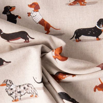 Tissu Toile de Coton Teckels sur fond Naturel - Par 10 cm