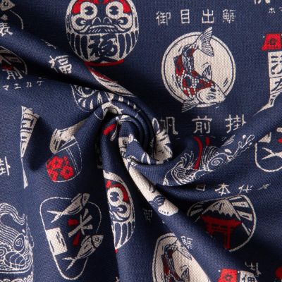 Tissu Toile de Coton Maneki sur fond Bleu marine - Par 10 cm