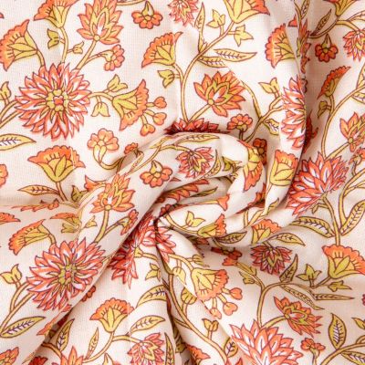 Tissu Coton Matelassé réversible Santal fleuris sur fond Ecru - Par 10 cm