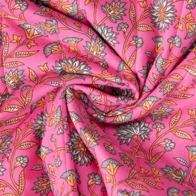 Tissu Coton Matelassé réversible Santal fleuris sur fond Rose fuchsia - Par 10 cm