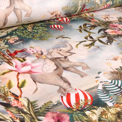 Tissu Velours d&#039;ameublement épais tout doux Cirque et végétations sur fond Beige - Par 10 cm
