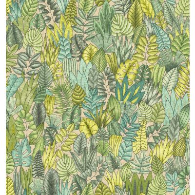 Tissu Lin d&#039;ameublement Feuillages vert sur fond Blanc cassé - Par 10 cm