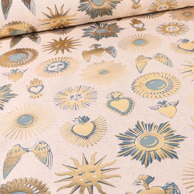 Tissu Toile de Coton Astres métallisés Bleu sur fond Naturel - Par 10 cm