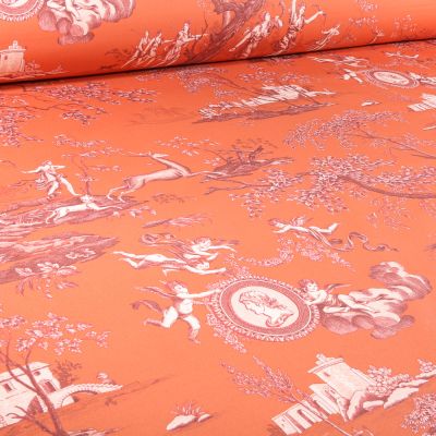 Tissu Toile de Coton grande largeur Camée sur fond Orange - Par 10 cm