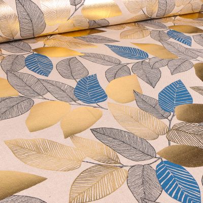 Tissu Toile de Coton Feuilles métallisés dorées et bleu sur fond Ecru - Par 10 cm