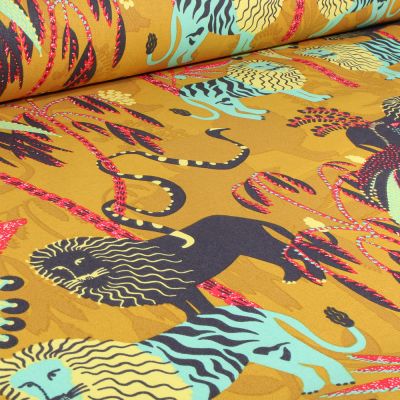 Tissu Toile de Coton Simba sur fond Jaune curry - Par 10 cm