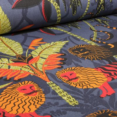 Tissu Toile de Coton Simba sur fond Bleu indigo - Par 10 cm