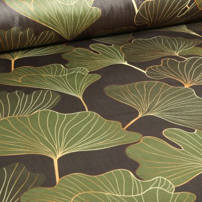 Tissus Velours ras épais tout doux Gingko Tiffany vert sur fond Noir - Par 10 cm