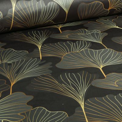 Tissus Velours ras épais tout doux Gingko Tiffany or sur fond Noir - Par 10 cm