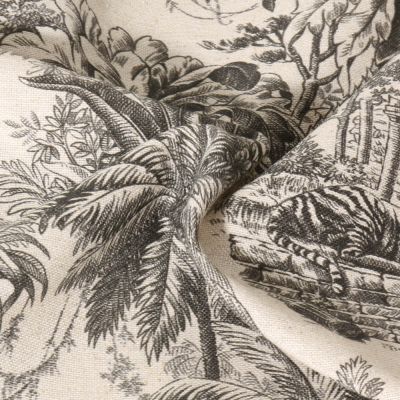 Tissu Coton Lin Jouy Maharani Noir sur fond naturel - Par 10 cm