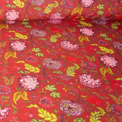 Tissu Viscose Sanfor Jodhpur floral sur fond Rouge - Par 10 cm