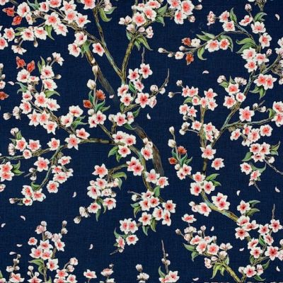 Tissu Toile de Coton Merisier sur fond Bleu marine - Par 10 cm