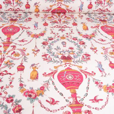 Tissu Toile de Coton Limoges rose sur fond Blanc - Par 10 cm
