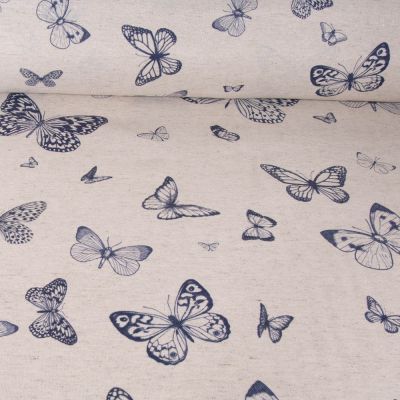 Tissu Toile de Coton Lin Papillon marine sur fond Naturel - Par 10 cm