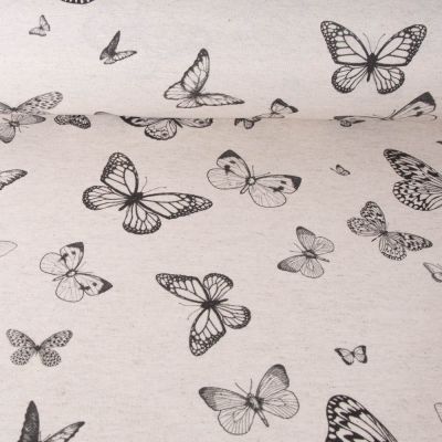 Tissu Toile de Coton Lin Papillon noir sur fond Naturel - Par 10 cm