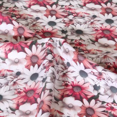 Tissu Viscose Sanfor Pink daisy rose sur fond Blanc - Par 10 cm
