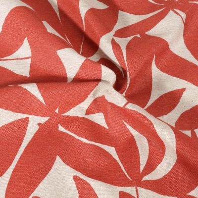 Tissu Toile de Coton Lin Feuillage Alba Terracotta sur fond Naturel - Par 10 cm
