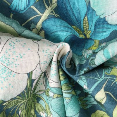Tissu Toile Canvas  Capucina sur fond Bleu - Par 10 cm