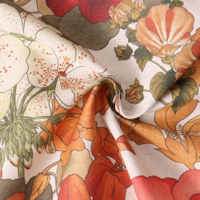 Tissu Polycoton Fleurs d&#039;Automne Orange sur fond Ecru - Par 10 cm