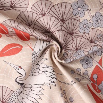 Tissu Toile Canvas Sayaka grues japonaises Blanches sur fond Beige sable - Par 10 cm