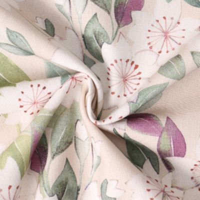 Tissu Toile Canvas  Sakura Aquarelle Blanches sur fond Beige sable - Par 10 cm