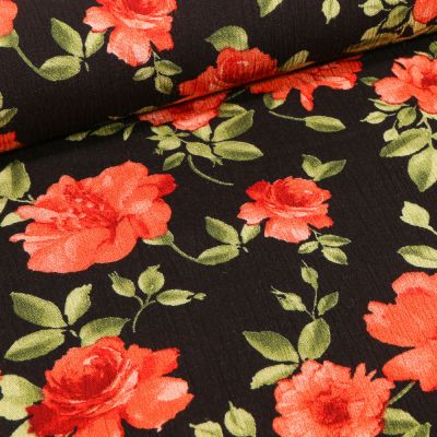 Tissu Crêpe Viscose Rose rouge sur fond Noir - Par 10 cm