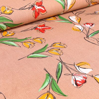 Tissu Viscose texturé Tulipes colorées sur fond Cappuccino - Par 10 cm