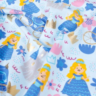 Tissu Jersey Coton Princesses et motifs dorés sur fond Bleu ciel - Par 10 cm