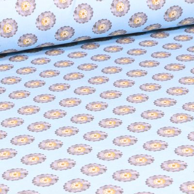 Tissu Jersey Coton Bio Roues de tracteurs sur fond Bleu - Par 10 cm